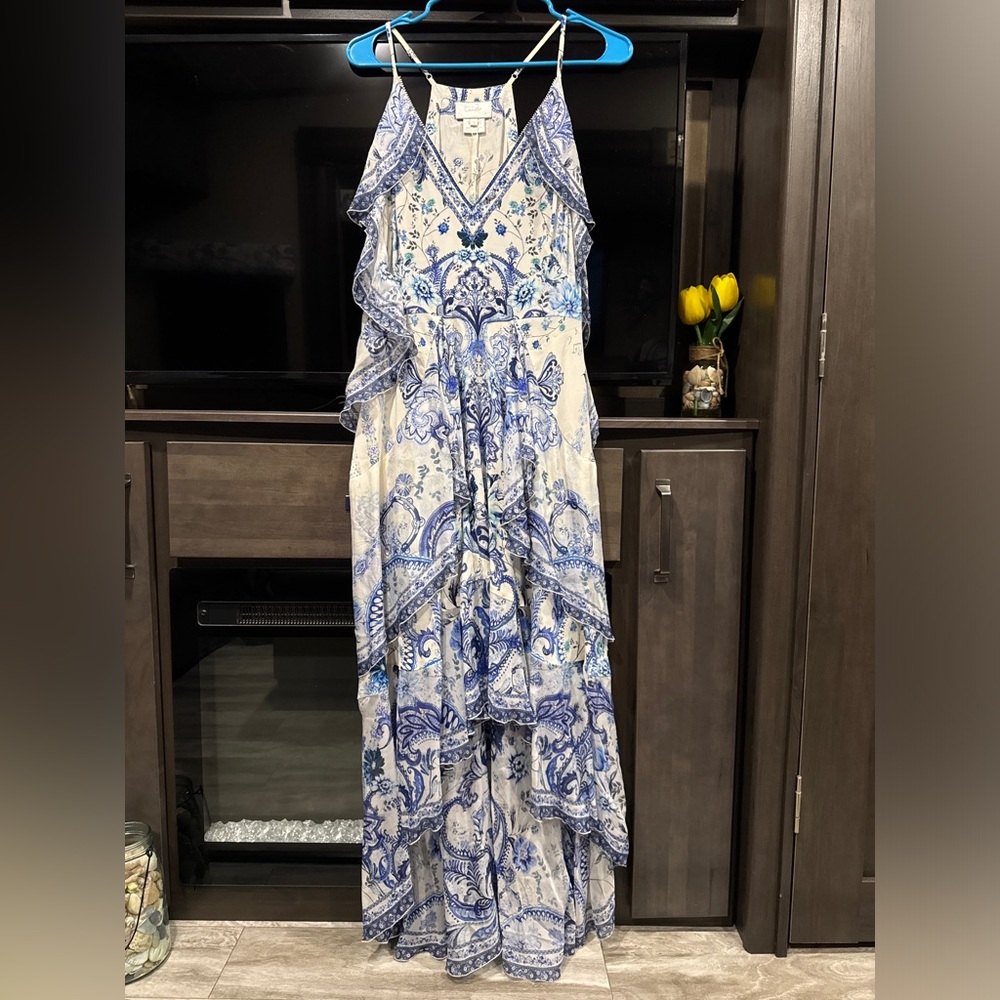 Camilla Blue and White Ruffled Tiered Halter Maxi Dress